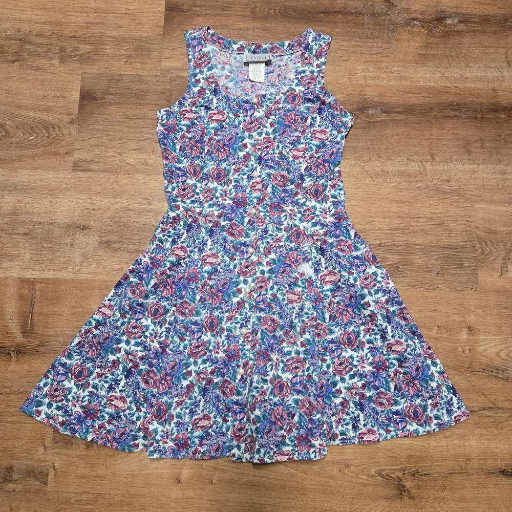 Vintage DBY Vibrant Floral Sleeveless Mini Dress Size 5 90s Pearl Buttons
